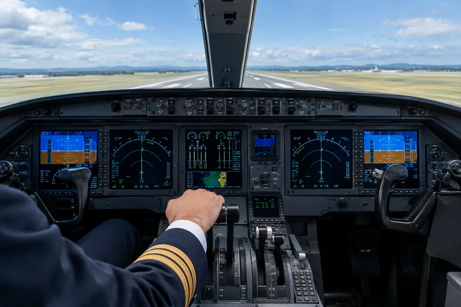 Business jet cockpit before departure