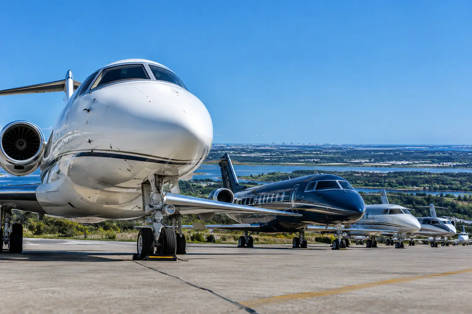 Business jets of different sizes on a ramp